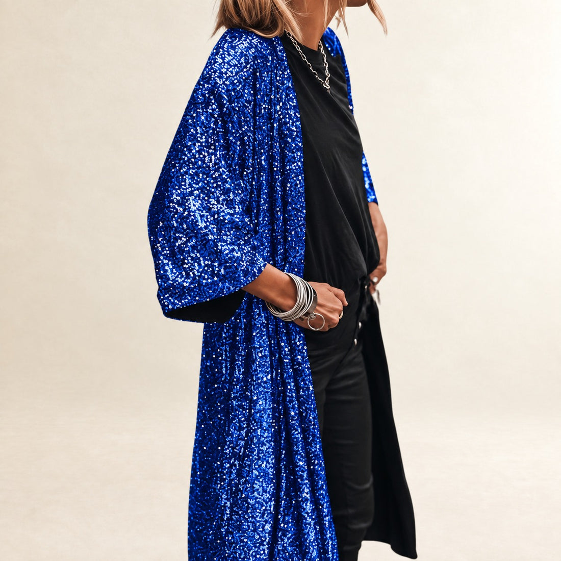 Women's Calf-Length Open-Front Cardigan with Bell Sleeves, Embellished Duster, Relaxed Fit