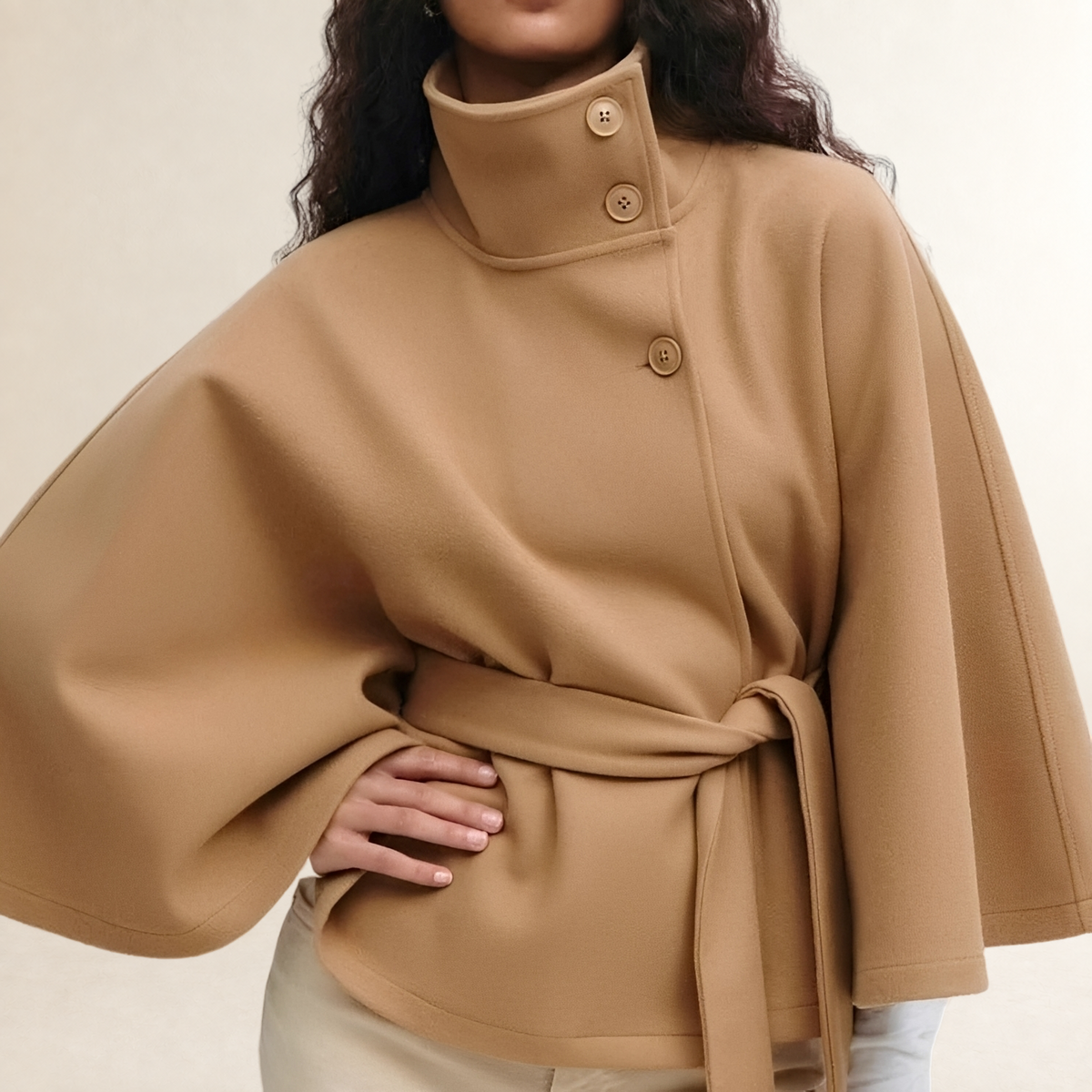 Women's Cape Coat Stand Collar Belted Waist Button-Front Hip-Length with Wide Sleeves