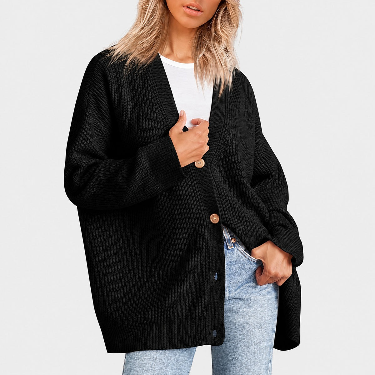 Women's Cardigan - V-Neck with Button Closure and Oversized Fit