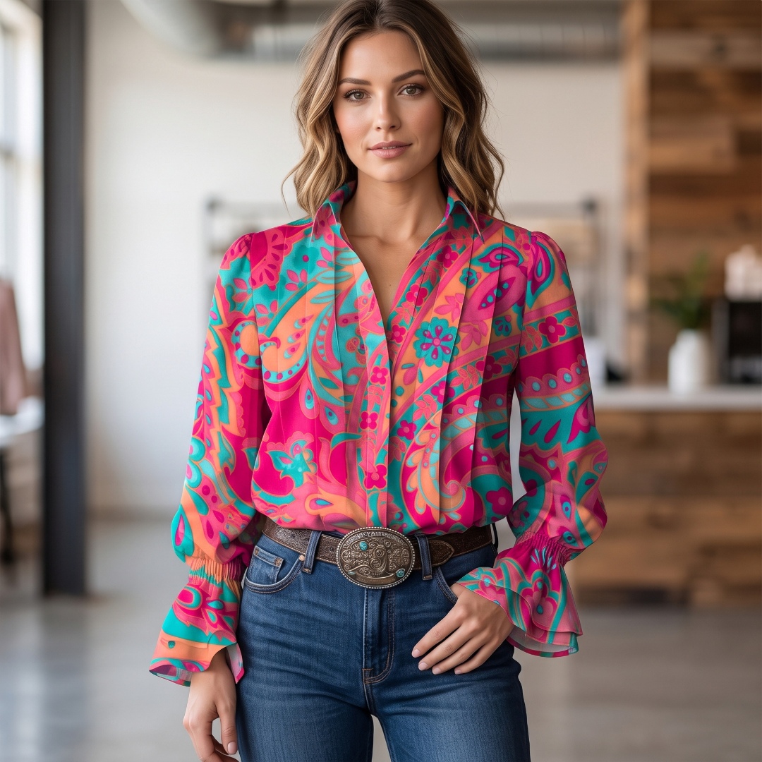 Women's Collared Long-Sleeve Blouse, Relaxed Fit, Floral Paisley Print, Gathered Ruffle Cuffs