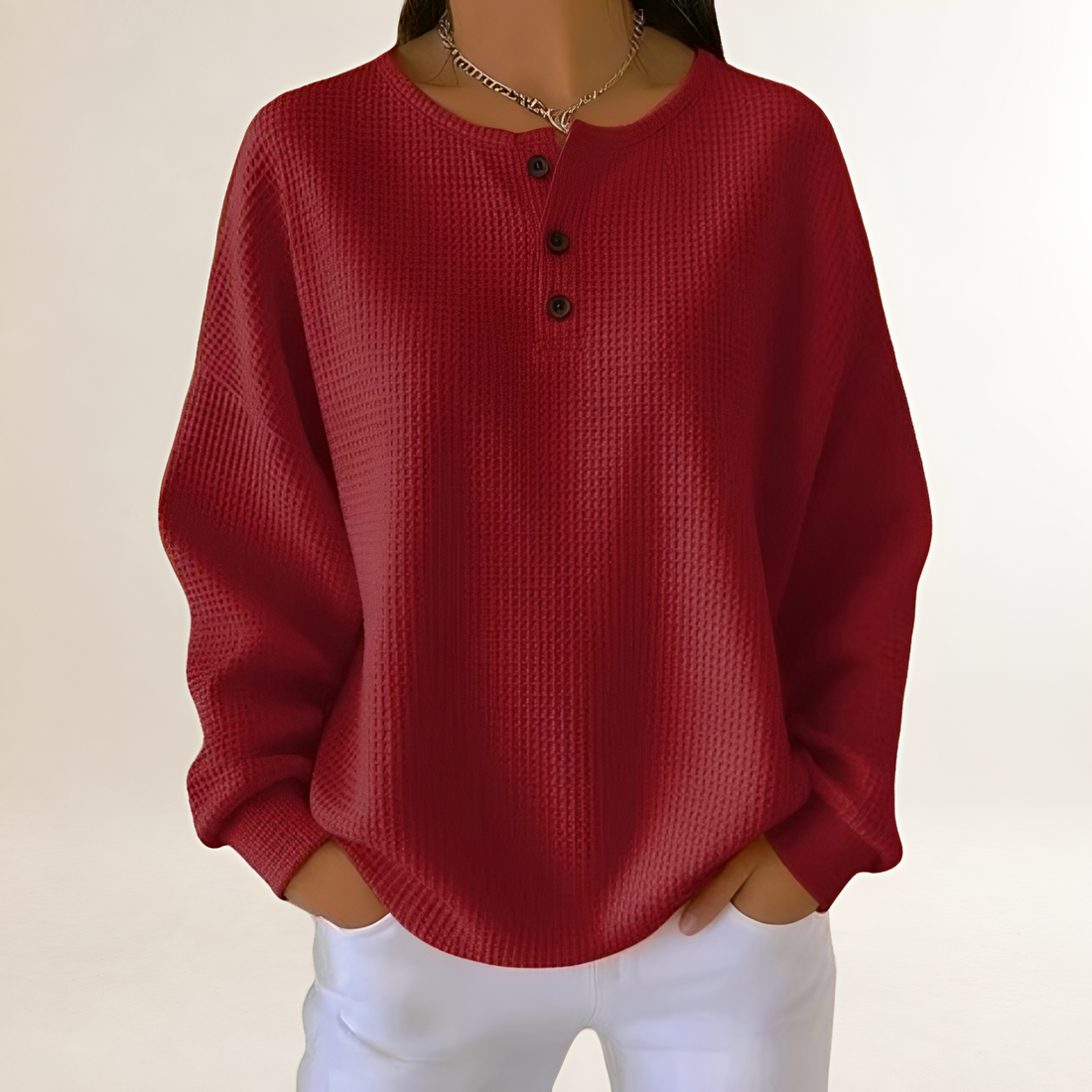 Women's Comfortable Sweater - Relaxed Fit with Henley Button Closure and Casual Style