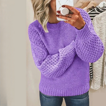 Women's Crew Neck Sweater with Raglan Balloon Sleeves and Ribbed Hem - Relaxed Fit
