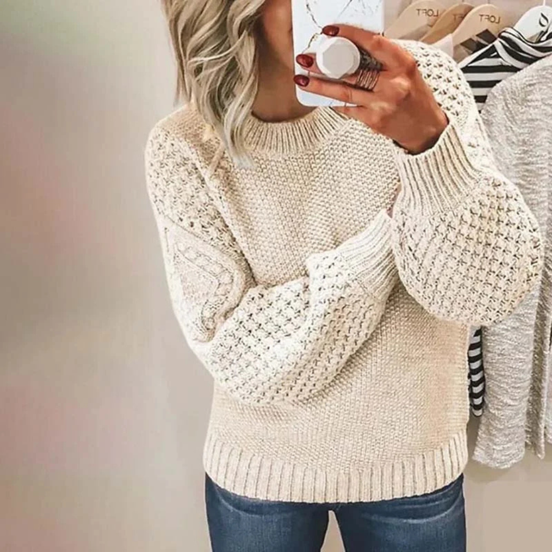 Women's Crew Neck Sweater with Raglan Balloon Sleeves and Ribbed Hem - Relaxed Fit