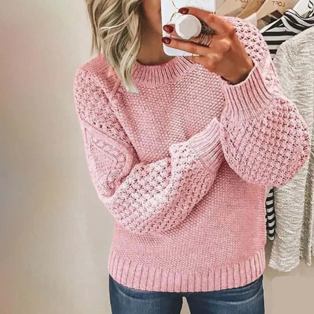 Women's Crew Neck Sweater with Raglan Balloon Sleeves and Ribbed Hem - Relaxed Fit