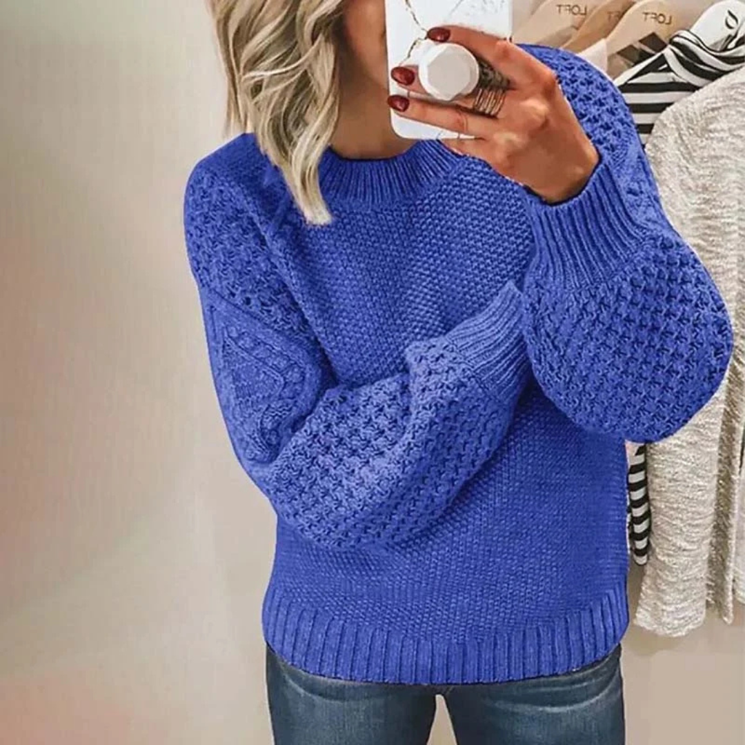 Women's Crew Neck Sweater with Raglan Balloon Sleeves and Ribbed Hem - Relaxed Fit
