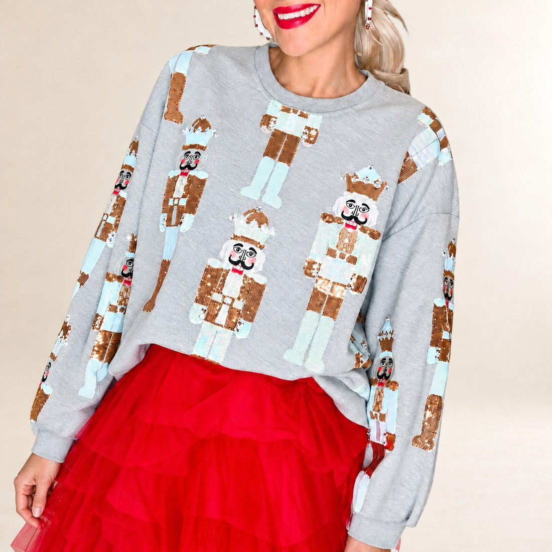 Women's Crewneck Sweatshirt with Allover Sequin Nutcracker Print, Long Sleeve Loose Fit