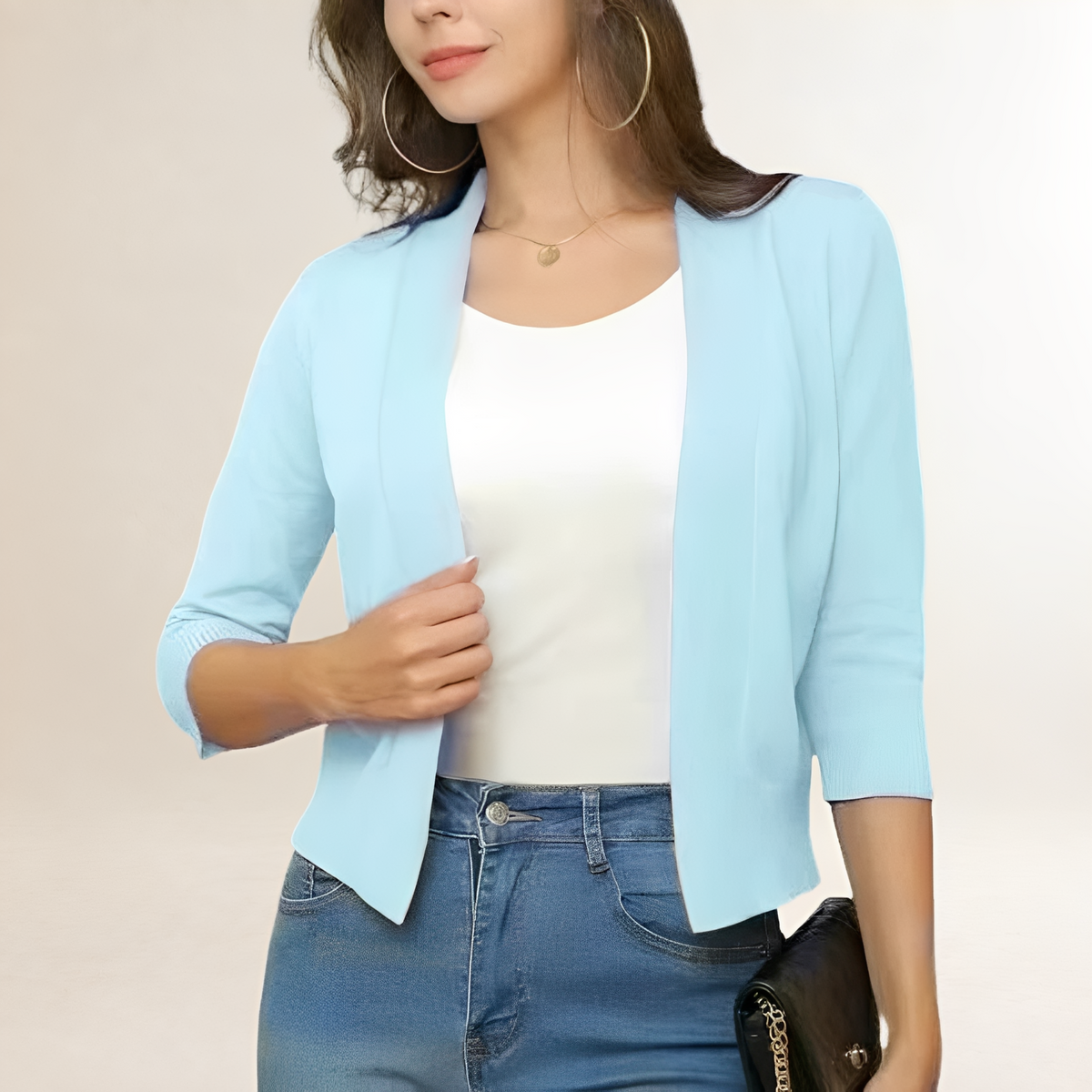 Women's cropped open-front blazer, collarless, 3/4 sleeve