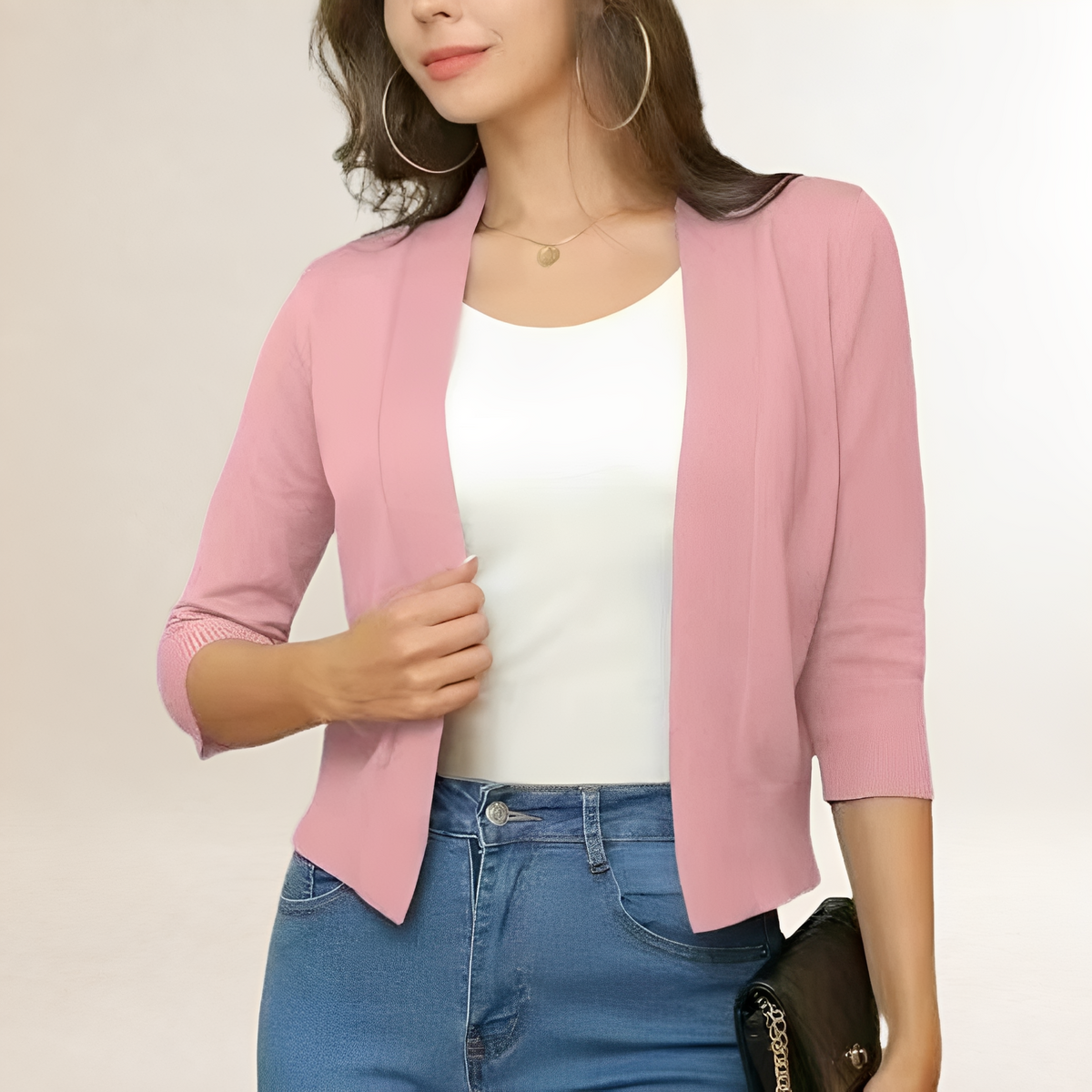 Women's cropped open-front blazer, collarless, 3/4 sleeve