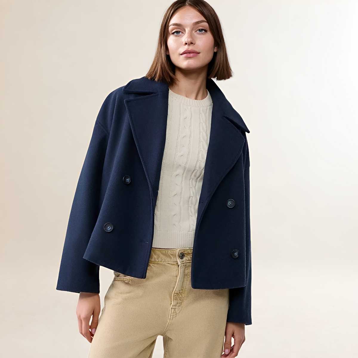 Women's Double-Breasted Jacket - Cropped Design, Notched Collar, Button Closure