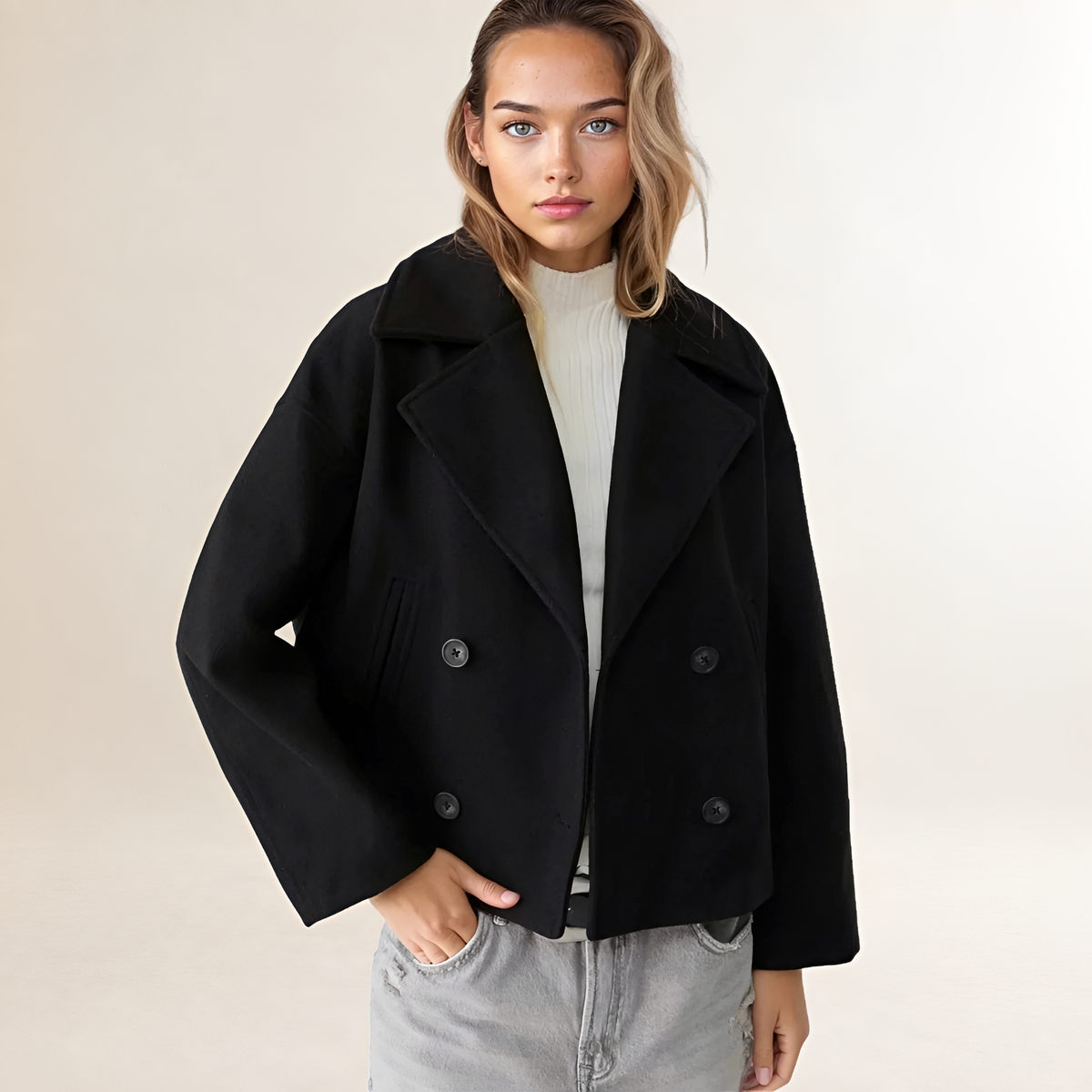 Women's Double-Breasted Jacket - Cropped Design, Notched Collar, Button Closure