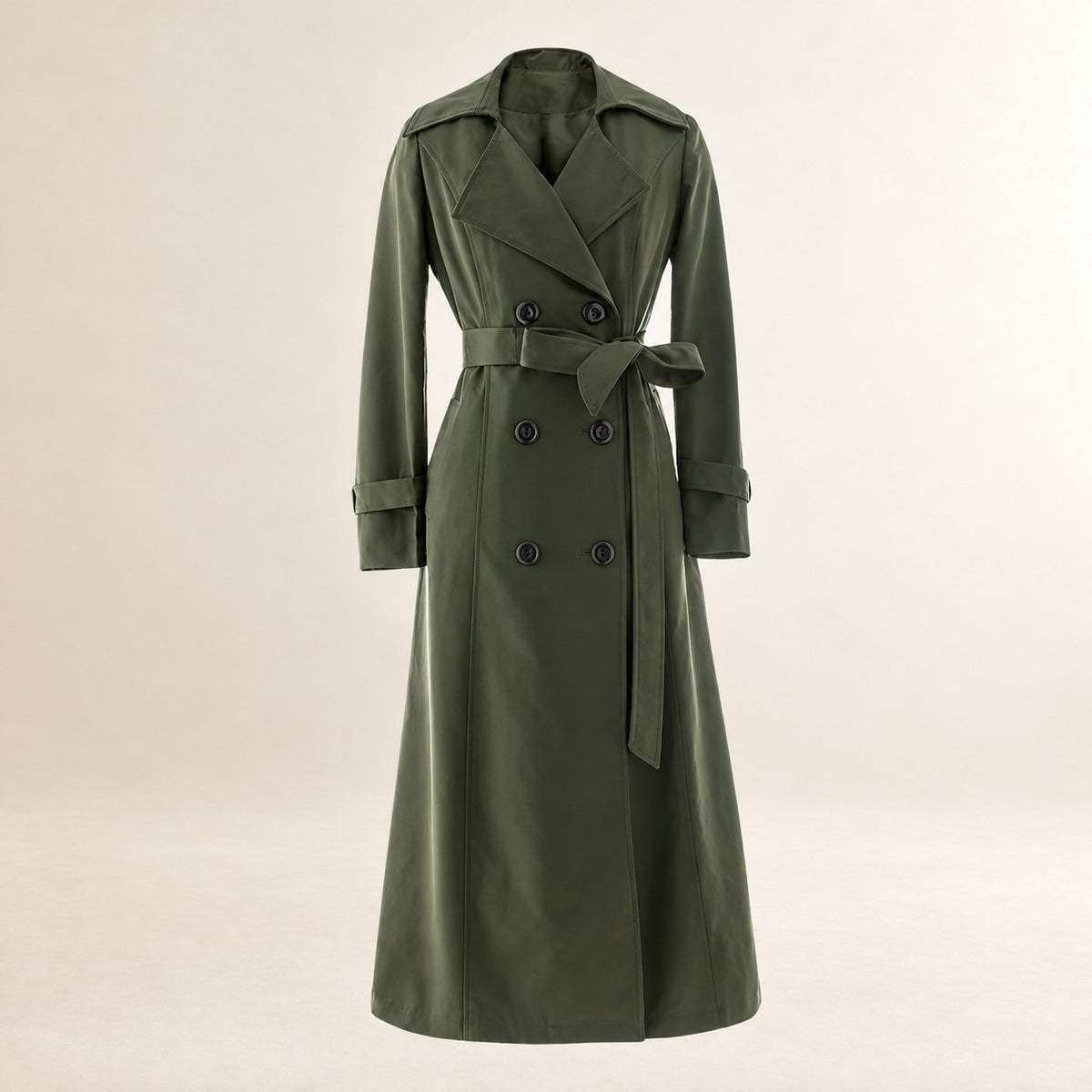 Women's Double Breasted Long Trench Coat - Belted, Maxi Length, Notch Lapel