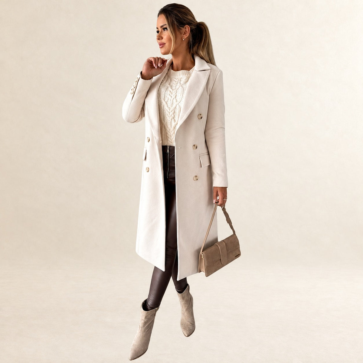 Women's Double-Breasted Mid-Length Jacket with Notch Lapel, Flap Pockets and Button Cuffs