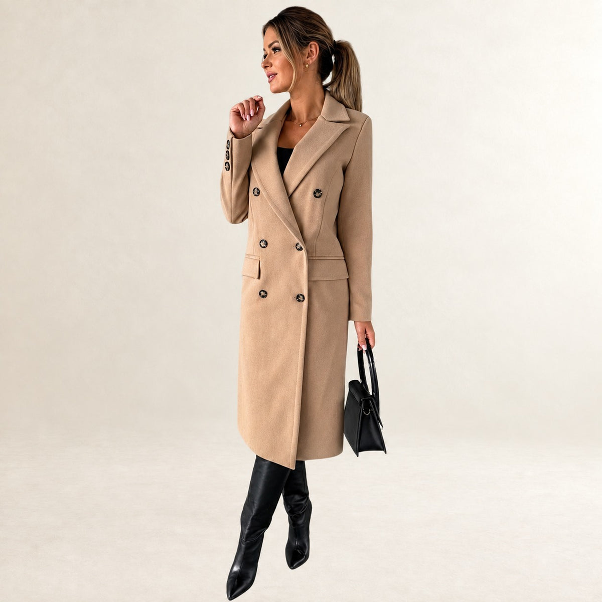 Women's Double-Breasted Mid-Length Jacket with Notch Lapel, Flap Pockets and Button Cuffs