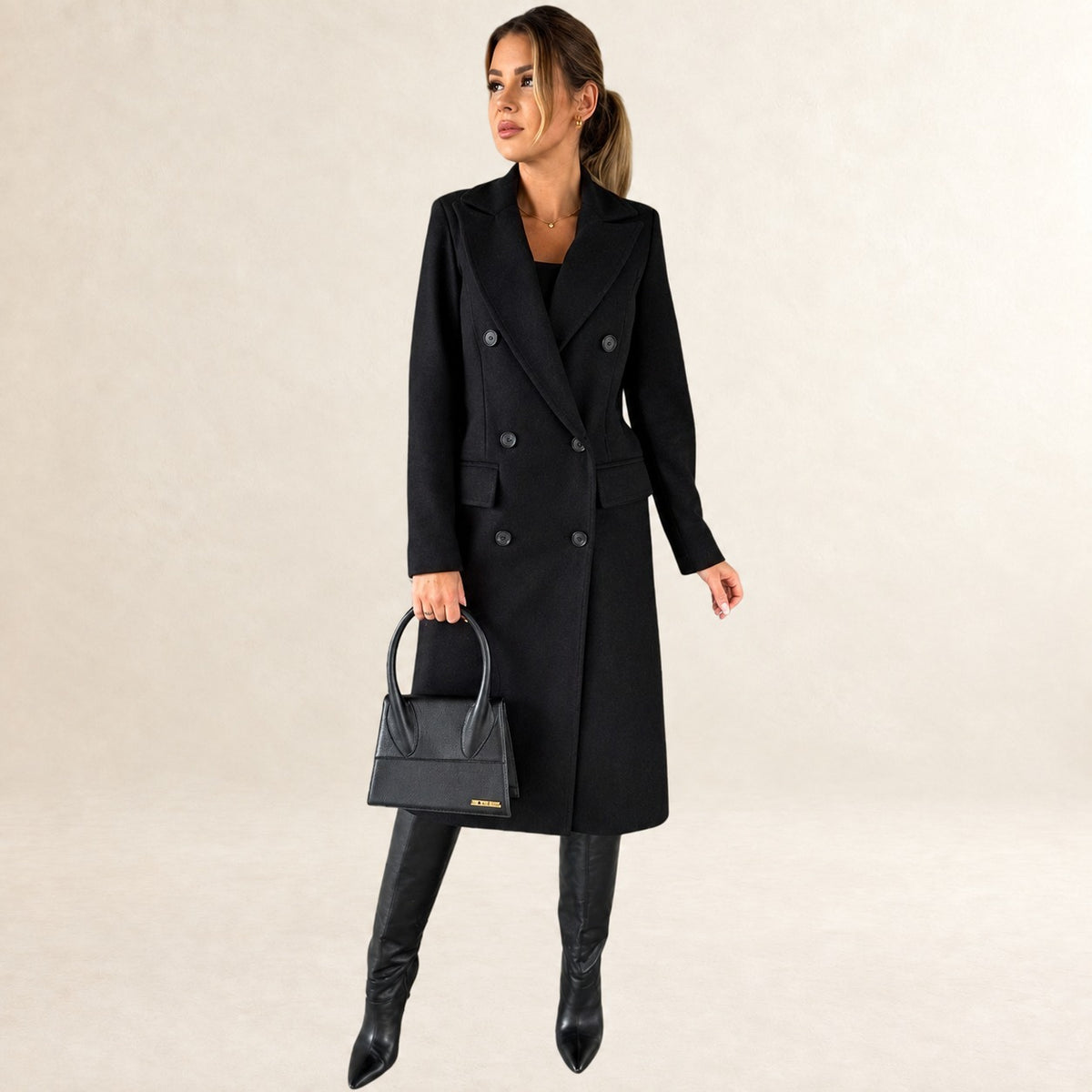 Women's Double-Breasted Mid-Length Jacket with Notch Lapel, Flap Pockets and Button Cuffs