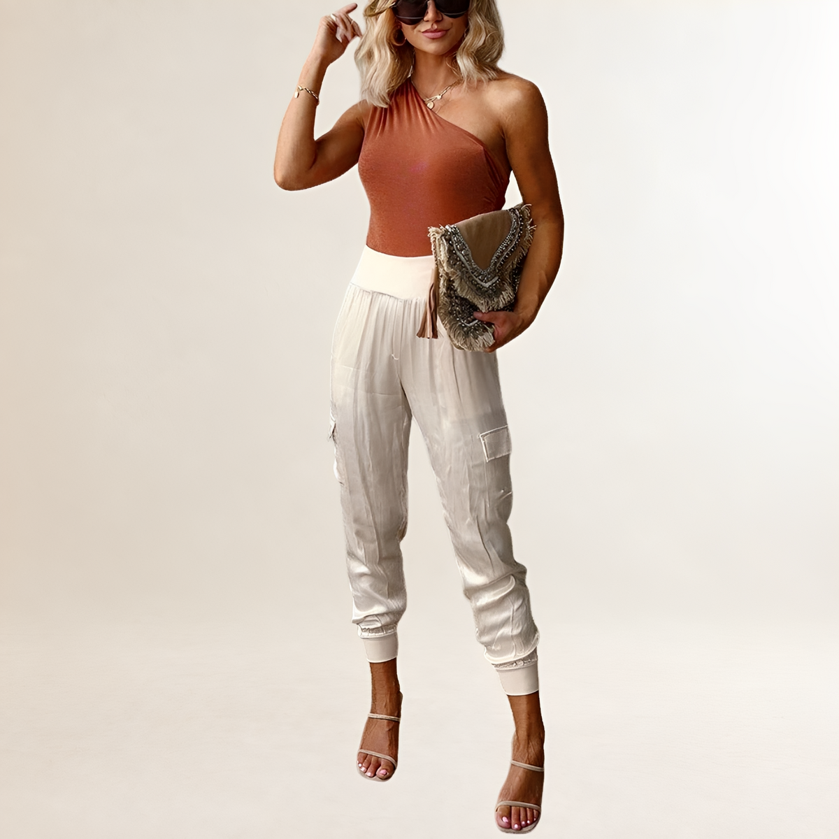 Women's High-Waist Cargo Joggers with Side Pockets, Elastic Waistband and Ribbed Ankle Cuffs, Relaxed Fit