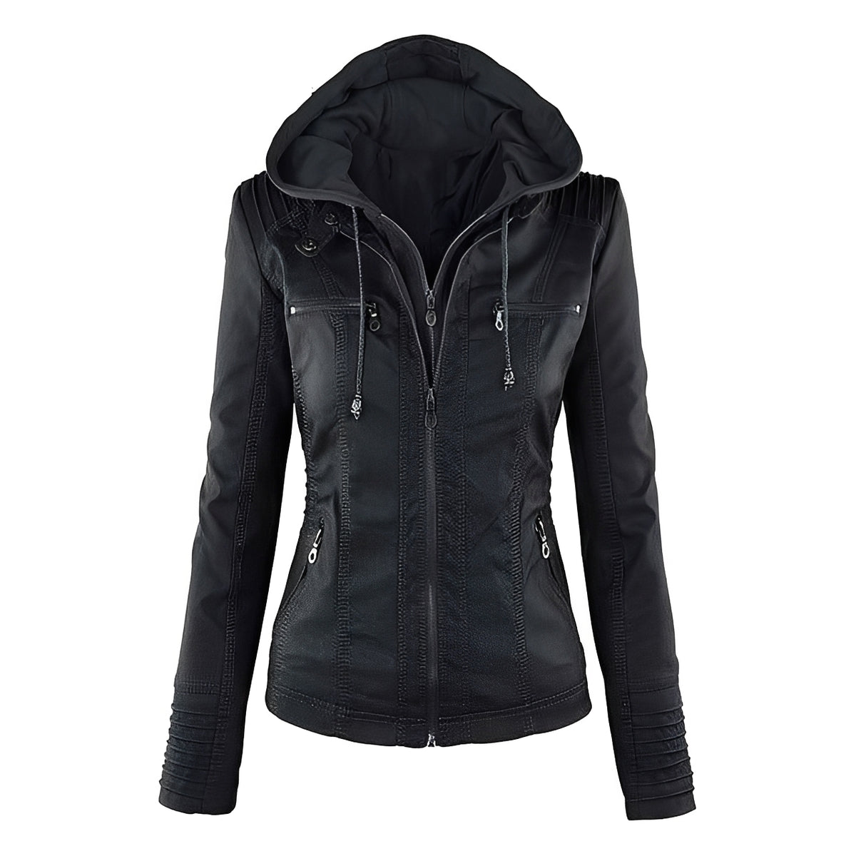 Women's Hooded Moto Jacket, Zip-Front with Zip Pockets and Stitched Panel Shoulders - Slim Fit