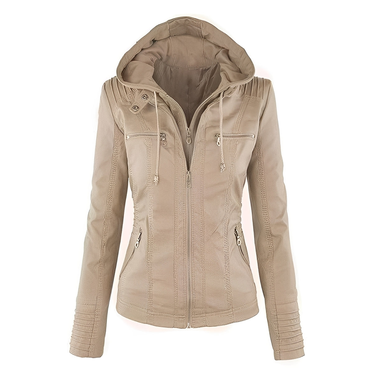 Women's Hooded Moto Jacket, Zip-Front with Zip Pockets and Stitched Panel Shoulders - Slim Fit