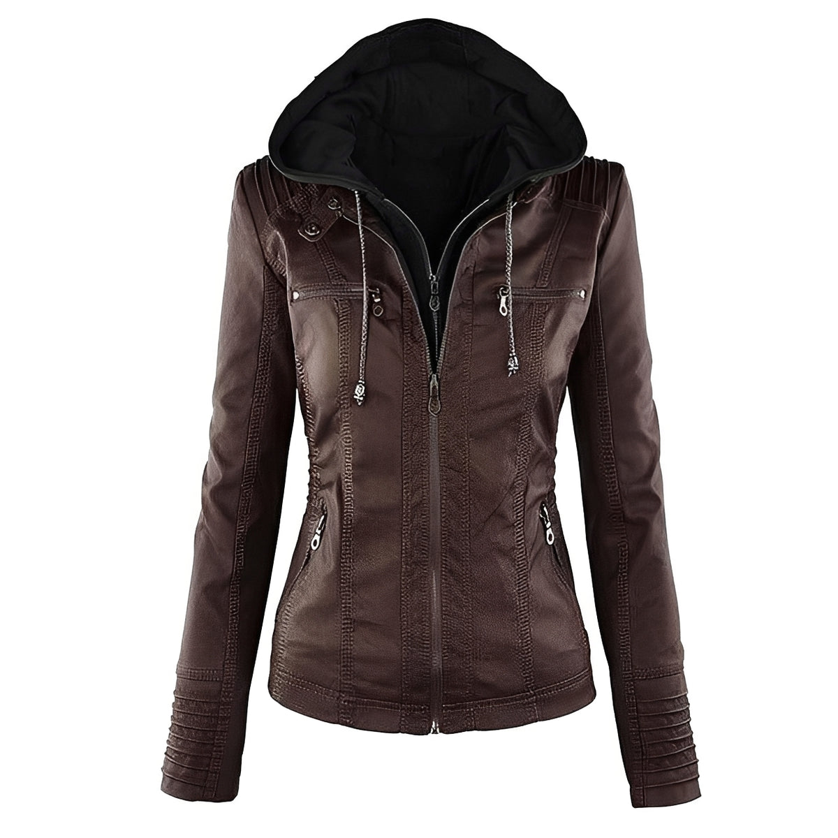 Women's Hooded Moto Jacket, Zip-Front with Zip Pockets and Stitched Panel Shoulders - Slim Fit