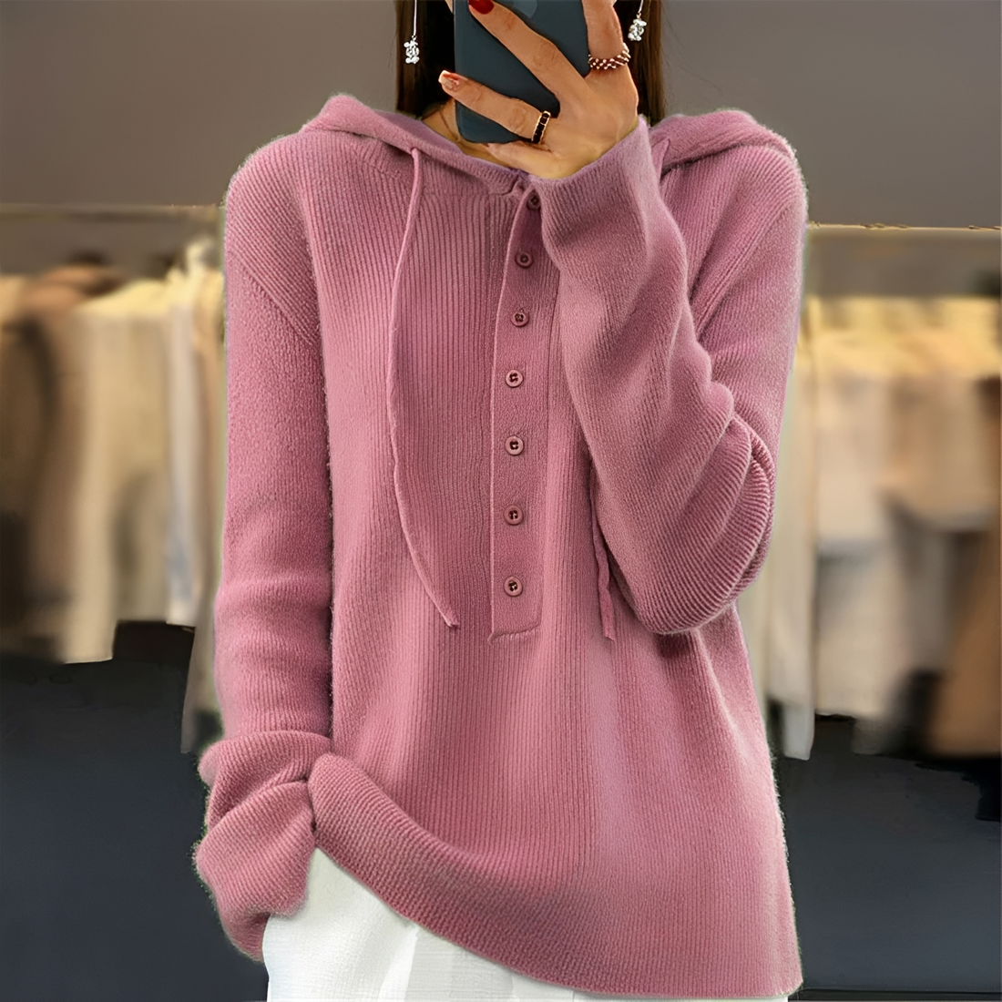 Women's Hooded Sweater with Button Placket and Drawstring, Long Sleeve, Relaxed Fit