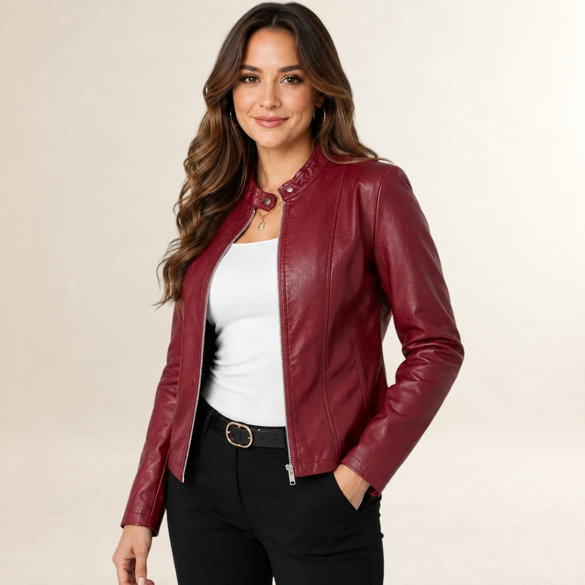 Women's Jacket Biker Style with Stand-Up Collar and Zip Front - Structured Fit