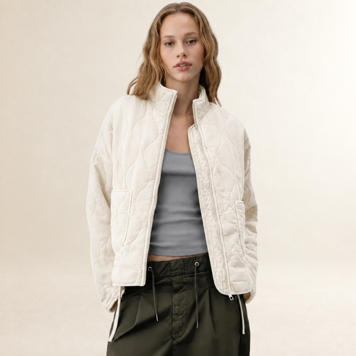 Women's Jacket Quilted with High Collar and Patch Pockets - Relaxed Fit