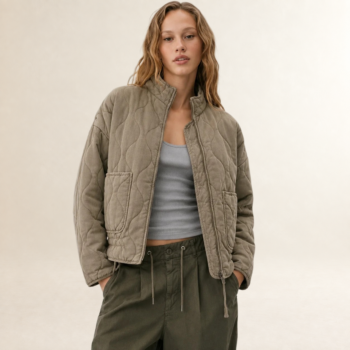 Women's Jacket Quilted with High Collar and Patch Pockets - Relaxed Fit