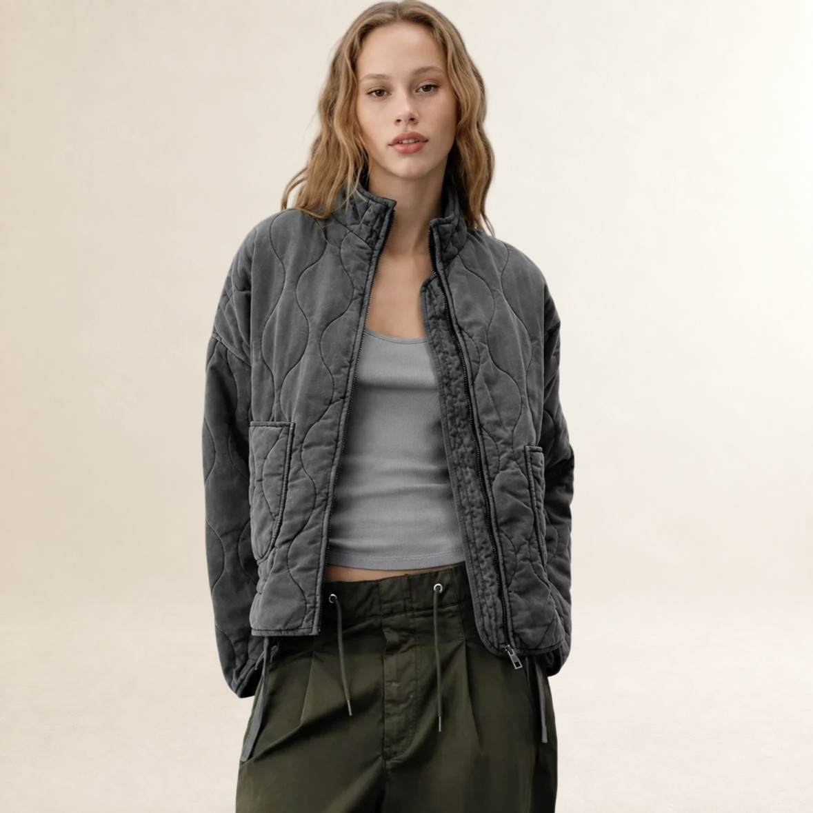 Women's Jacket Quilted with High Collar and Patch Pockets - Relaxed Fit