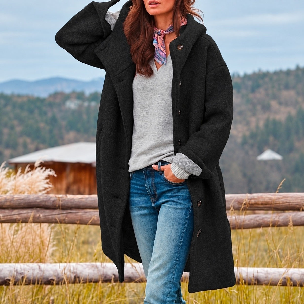 Women’s Long Coat with Hood and Button Closure - Relaxed Fit