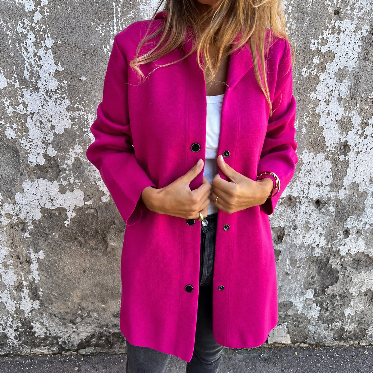 Women’s Long Hooded Jacket - Button Closure, Relaxed Fit, Versatile Design