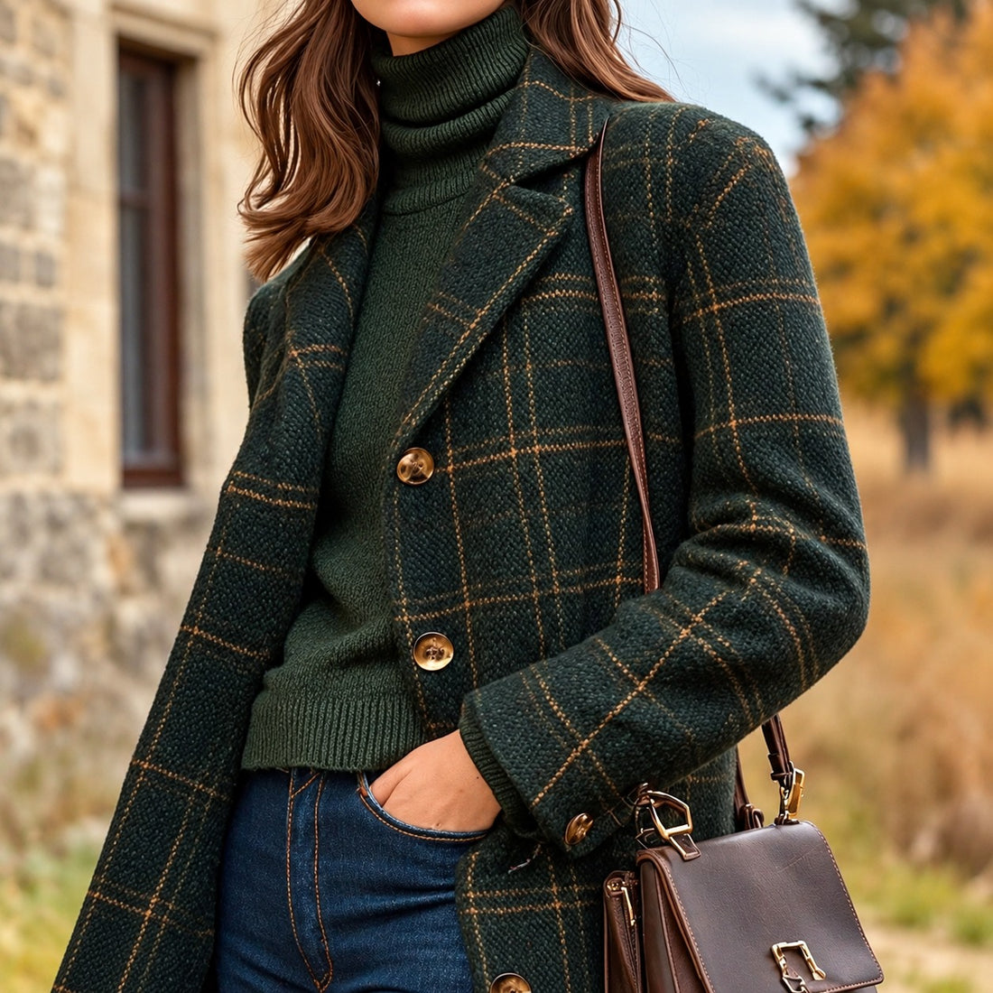 Women's Long Plaid Coat Single-Breasted Button-Front, Notched Lapel, Tailored Longline with Side Pockets