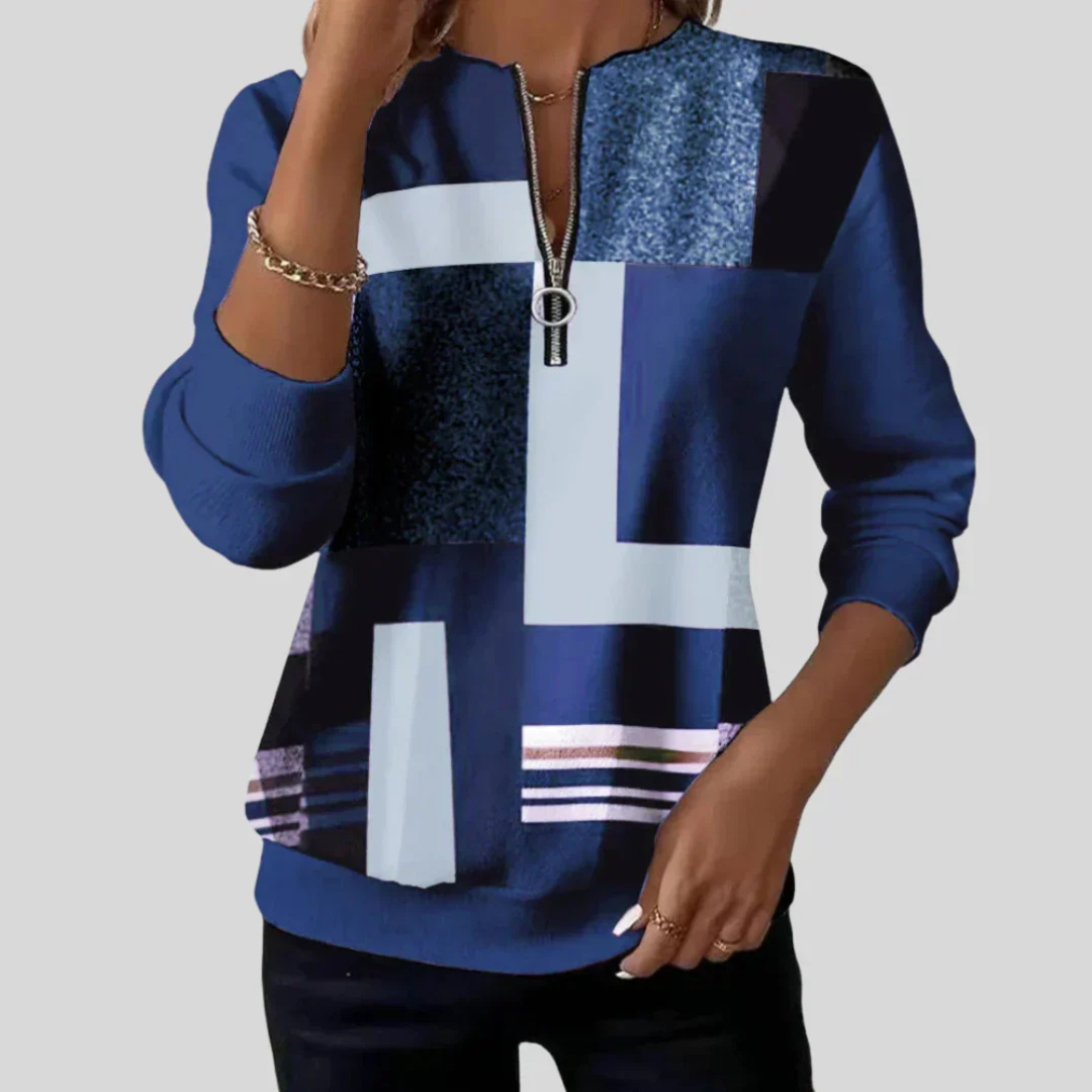 Women's Long-Sleeve Blouse with Half-Zip Ring Pull, Abstract Print, Ribbed Cuffs and Hem - Relaxed Fit