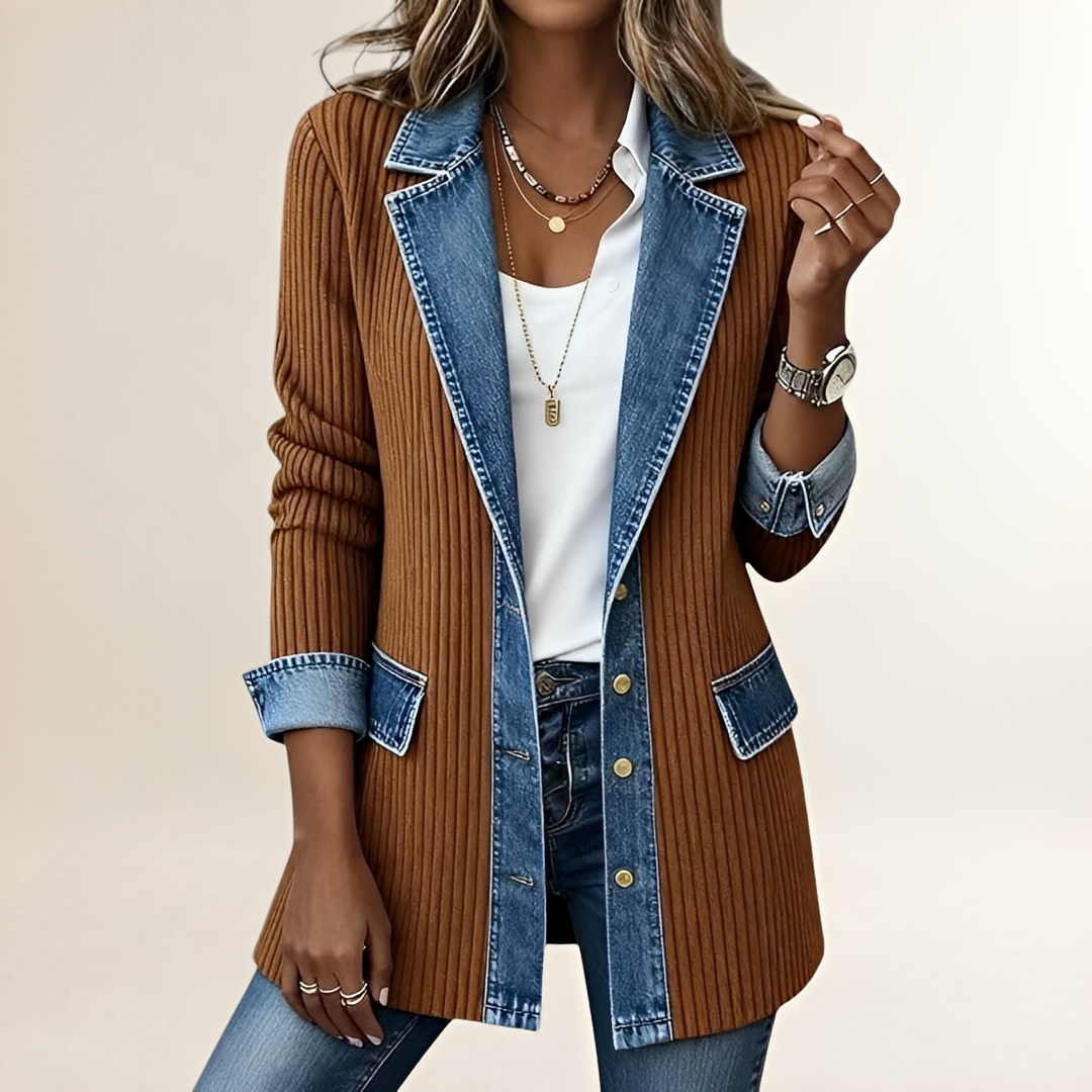 Women's Longline Ribbed Jacket with Contrast Lapel Collar and Trim, Button-Front, Flap Pockets, Relaxed Fit