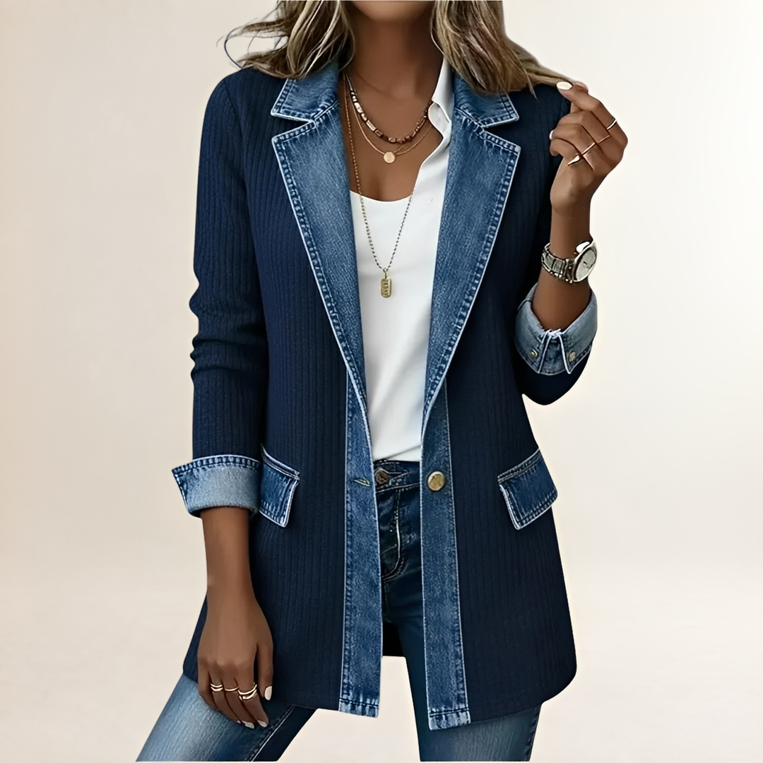 Women's Longline Ribbed Jacket with Contrast Lapel Collar and Trim, Button-Front, Flap Pockets, Relaxed Fit