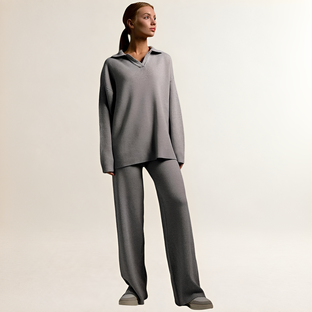 Women's Loungewear Set - Polo-Collar Pullover & Wide-Leg Pants, Oversized Top, Elastic Waist