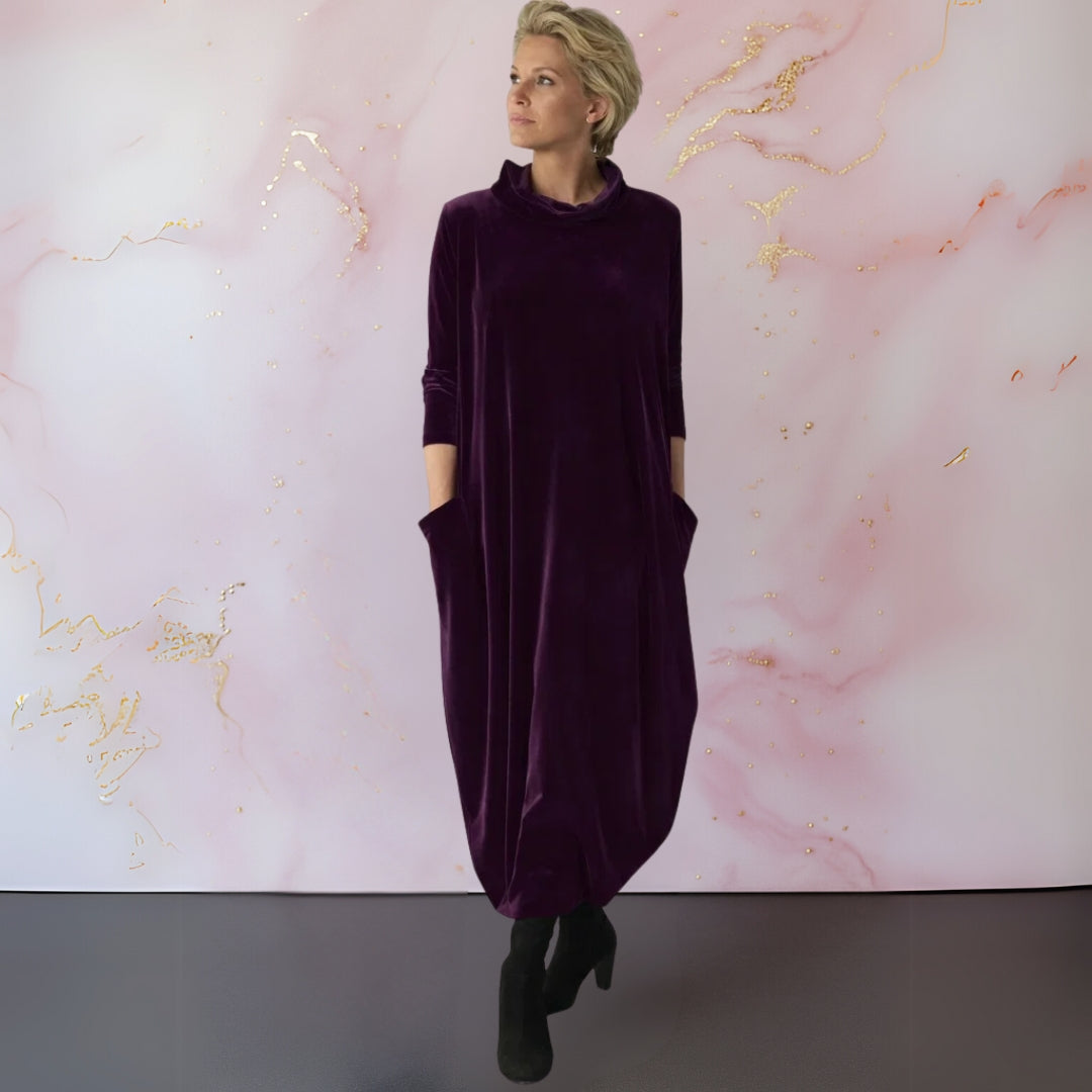 Women's Maxi Dress, Mock-Neck Long-Sleeve with Side Pockets, Loose Draped Tulip Hem