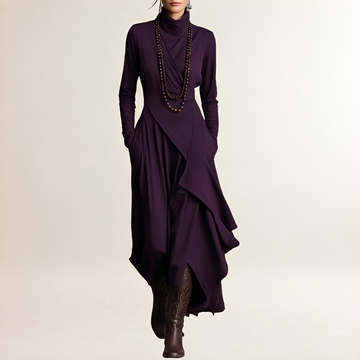 Women's Maxi Dress Turtleneck Draped Wrap Bodice, Long-Sleeve, Asymmetrical Cascading Hem and Side Pockets