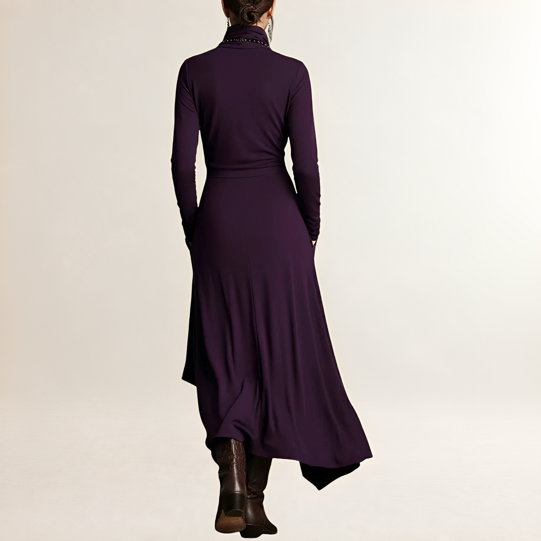 Women's Maxi Dress Turtleneck Draped Wrap Bodice, Long-Sleeve, Asymmetrical Cascading Hem and Side Pockets