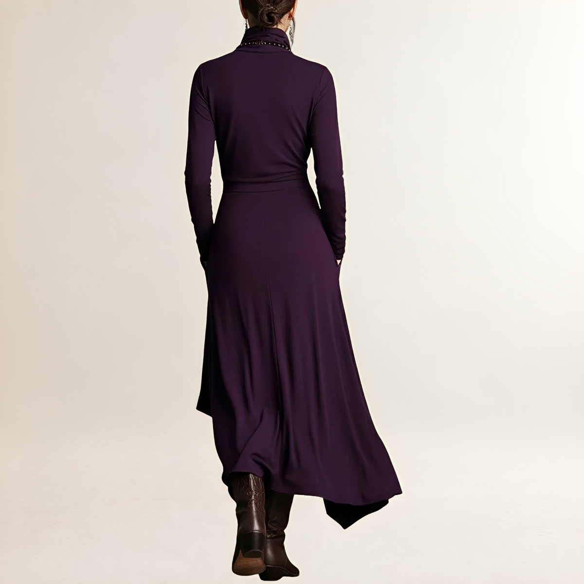 Women's Maxi Dress Turtleneck Draped Wrap Bodice, Long-Sleeve, Asymmetrical Cascading Hem and Side Pockets