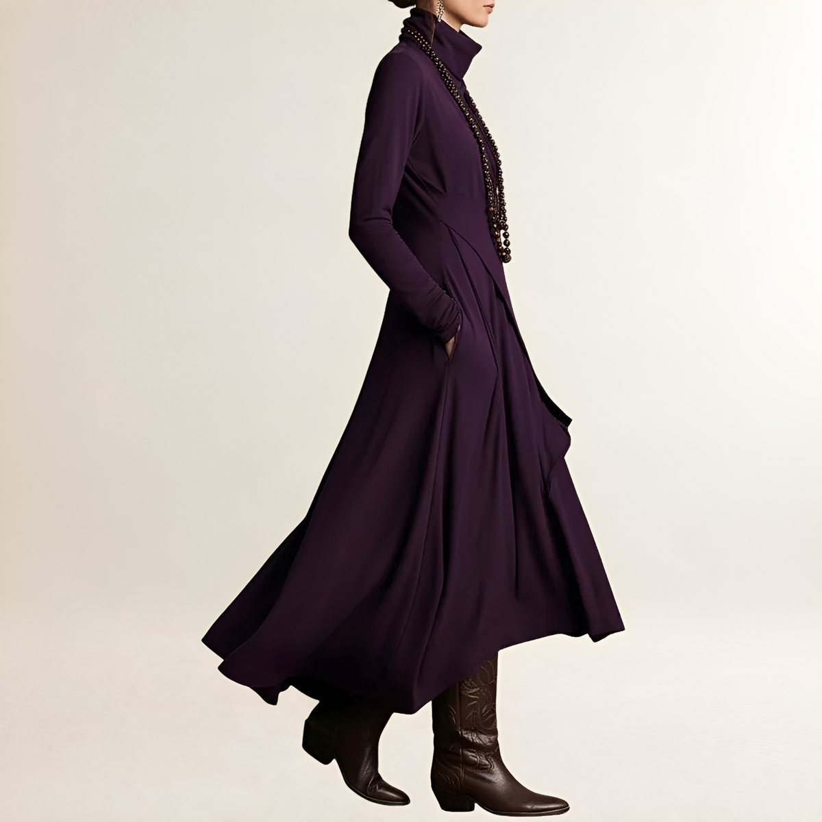 Women's Maxi Dress Turtleneck Draped Wrap Bodice, Long-Sleeve, Asymmetrical Cascading Hem and Side Pockets
