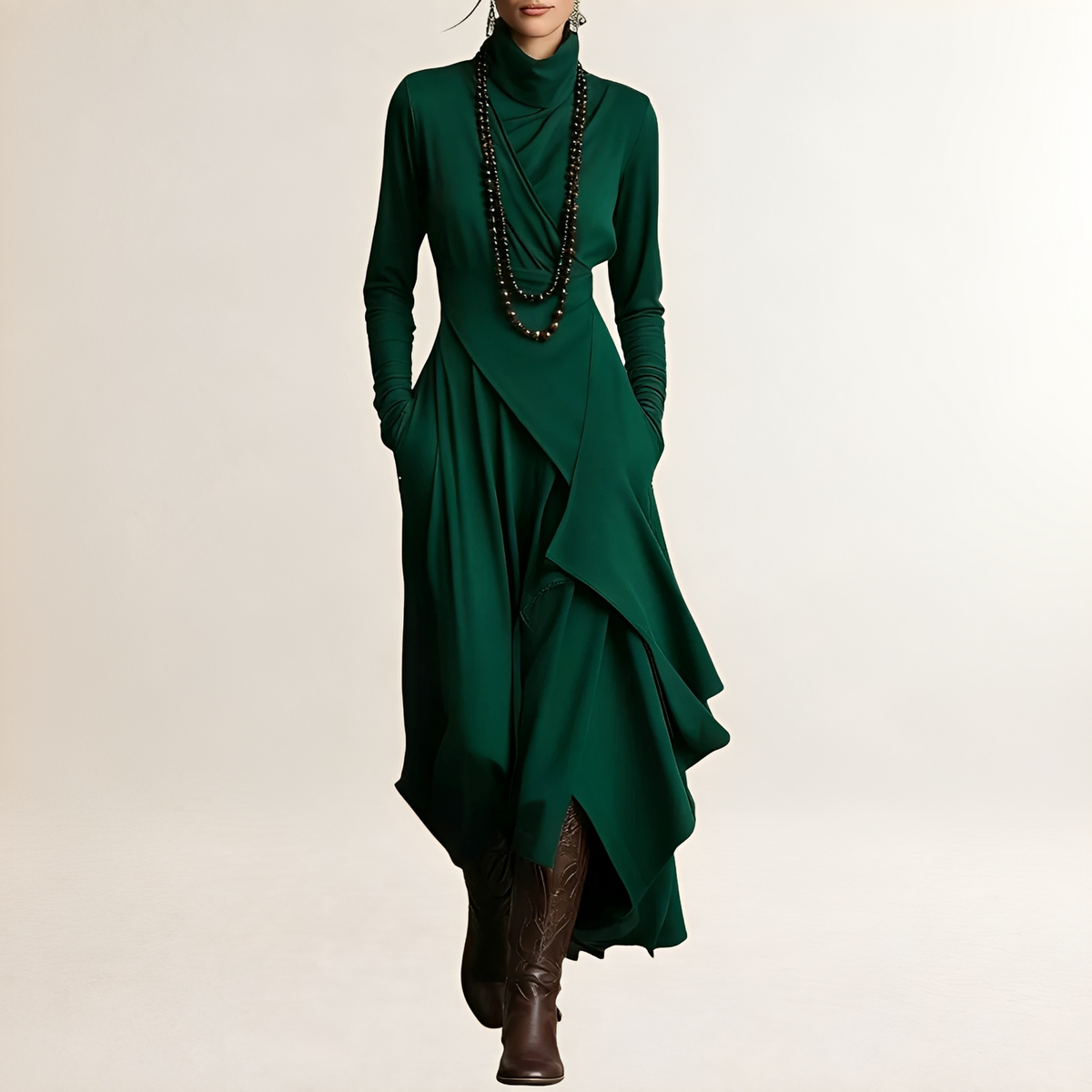 Women's Maxi Dress Turtleneck Draped Wrap Bodice, Long-Sleeve, Asymmetrical Cascading Hem and Side Pockets