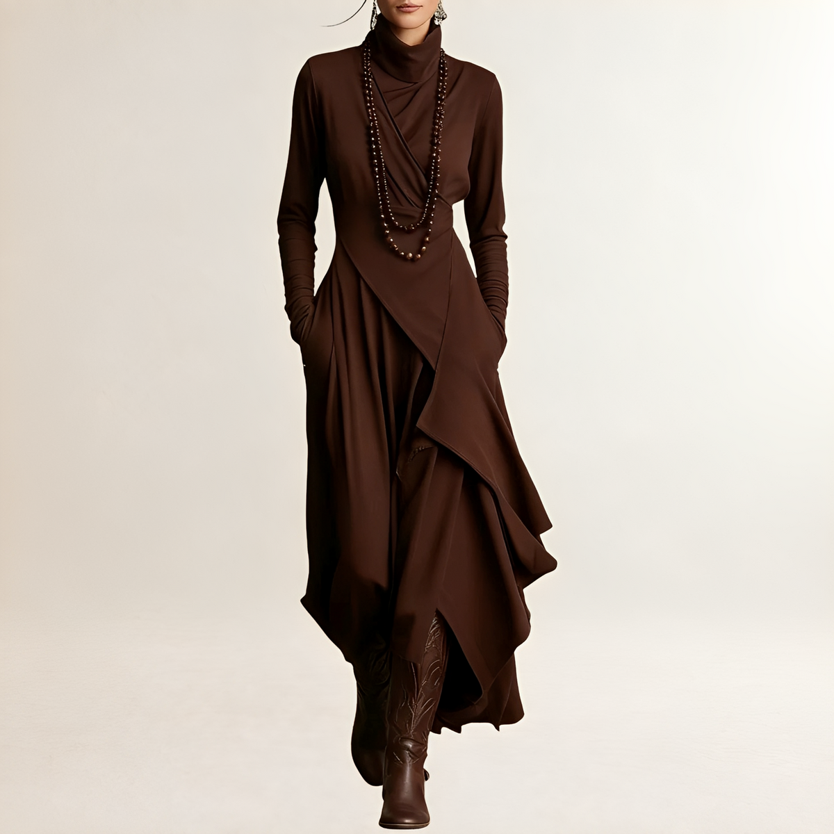 Women's Maxi Dress Turtleneck Draped Wrap Bodice, Long-Sleeve, Asymmetrical Cascading Hem and Side Pockets