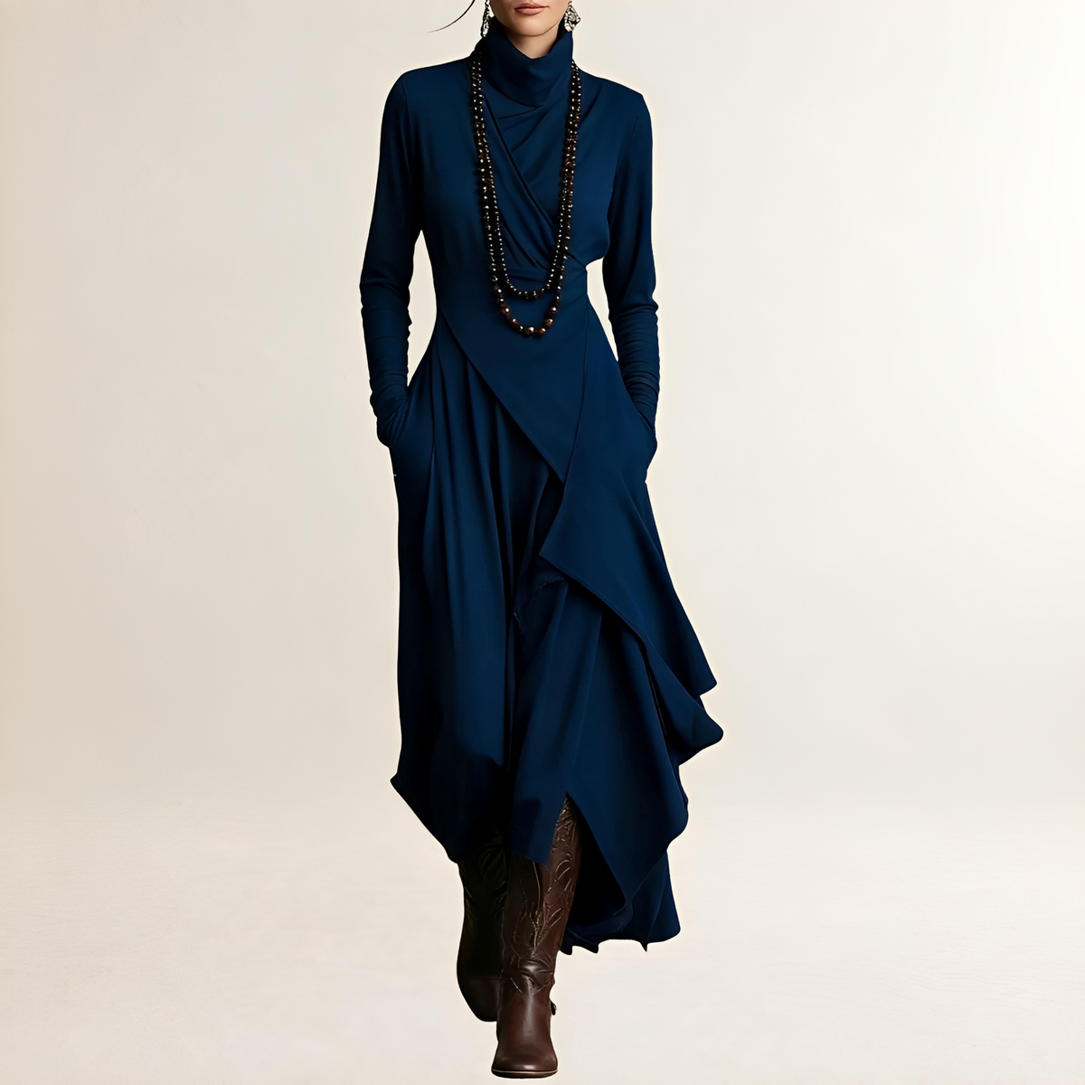Women's Maxi Dress Turtleneck Draped Wrap Bodice, Long-Sleeve, Asymmetrical Cascading Hem and Side Pockets