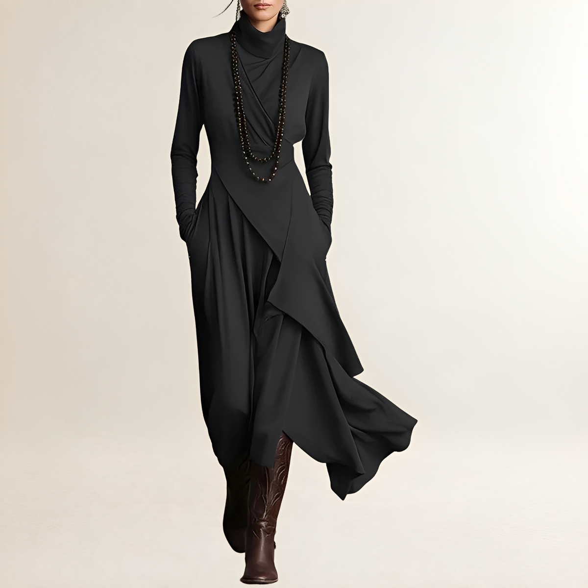 Women's Maxi Dress Turtleneck Draped Wrap Bodice, Long-Sleeve, Asymmetrical Cascading Hem and Side Pockets