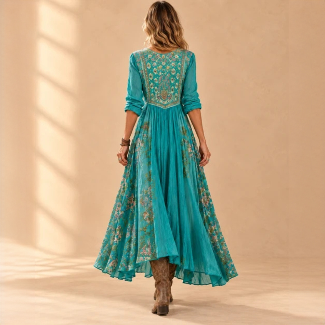 Women's Midi Dress V-neck Long Sleeve Boho Floral Patchwork Print Relaxed Fit