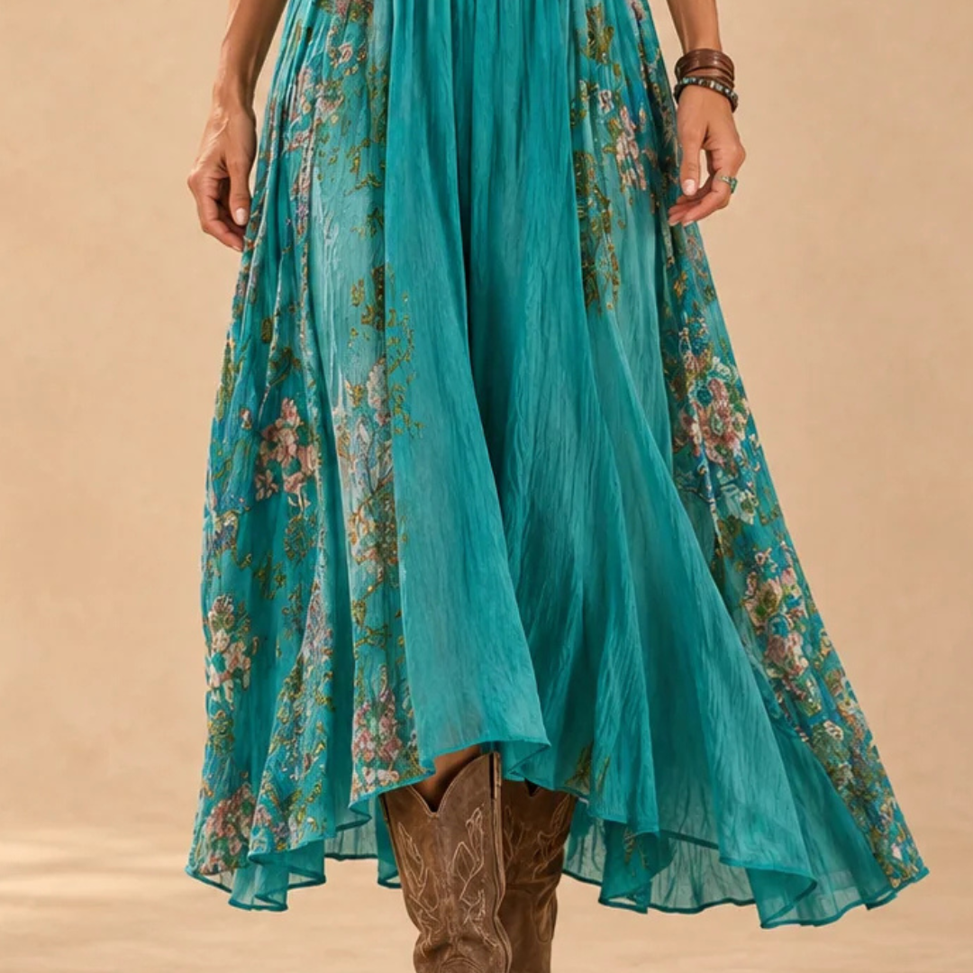 Women's Midi Dress V-neck Long Sleeve Boho Floral Patchwork Print Relaxed Fit