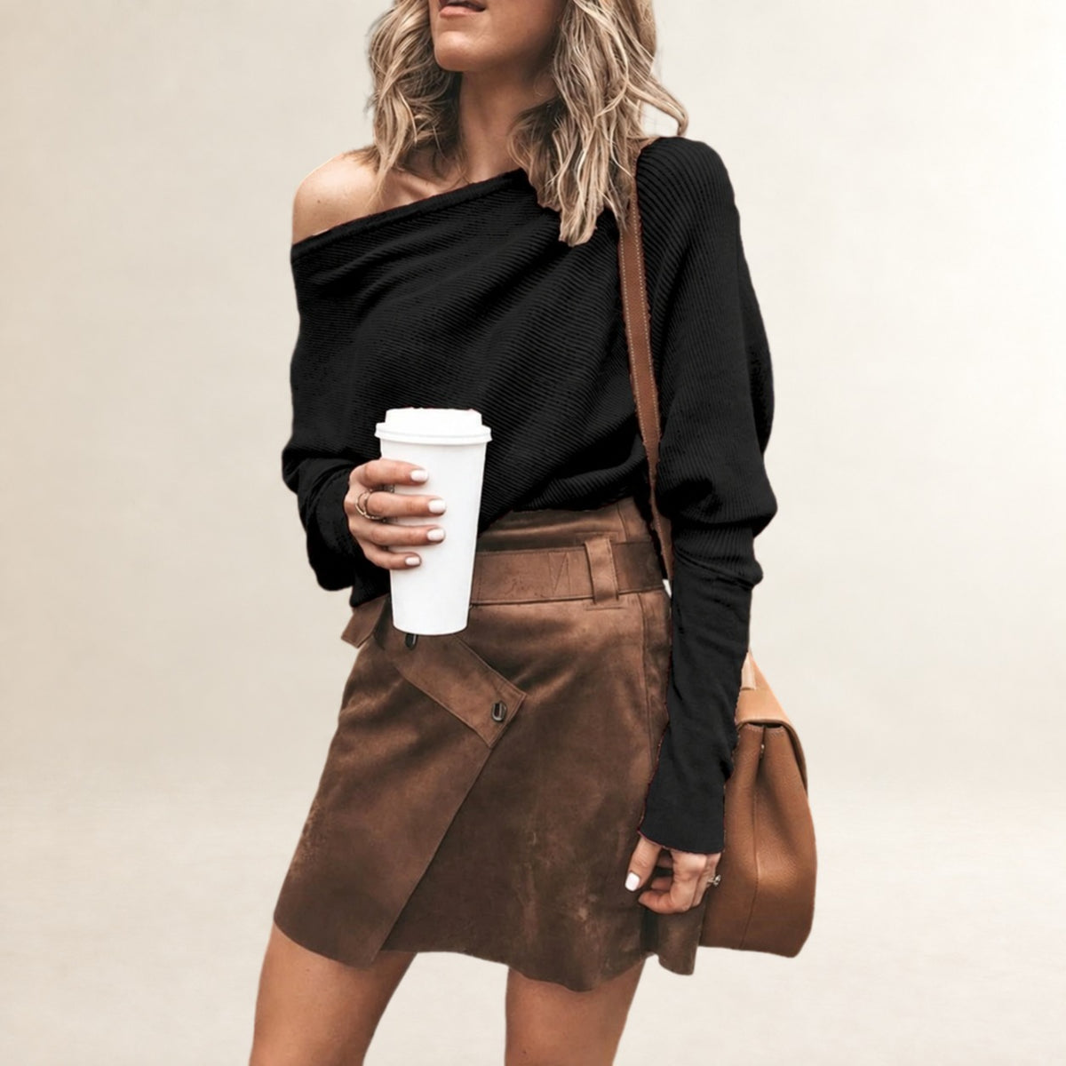 Women's Off-Shoulder Long-Sleeve Top with Wide Boatneck, Relaxed Fit