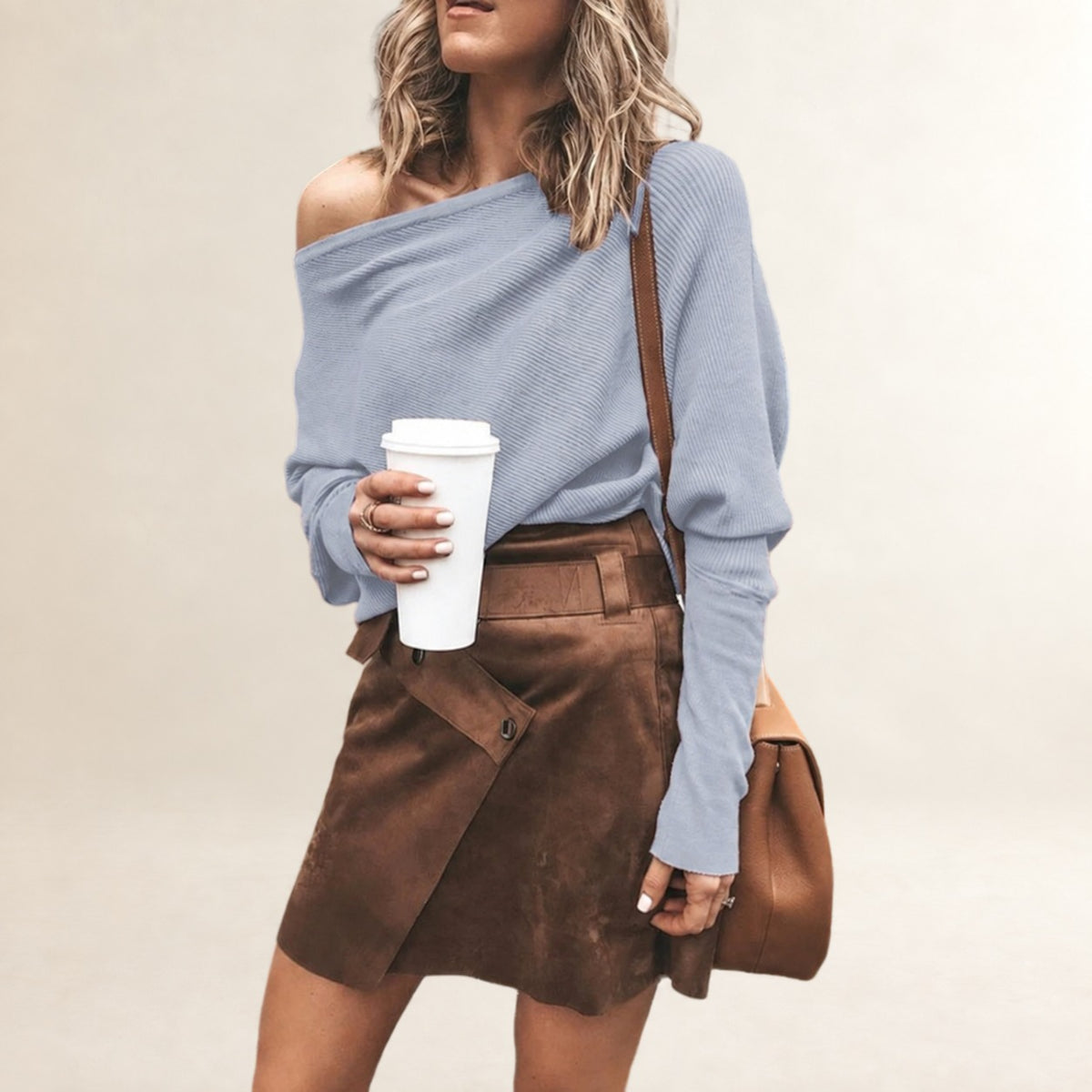 Women's Off-Shoulder Long-Sleeve Top with Wide Boatneck, Relaxed Fit