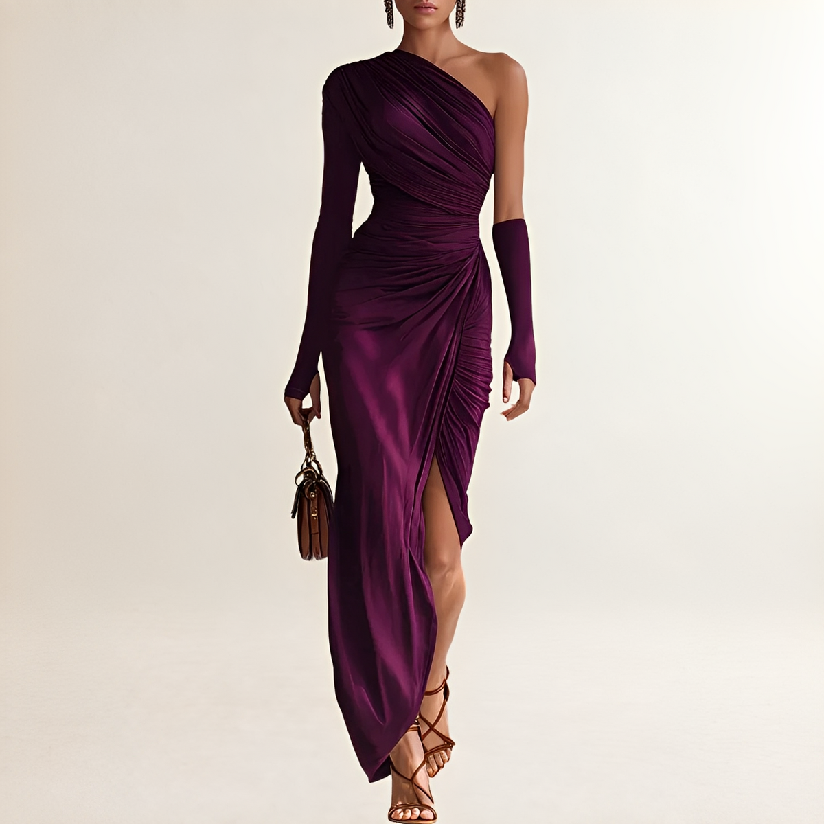 Women's One-Shoulder Maxi Dress with Long Sleeve, Draped Ruched Waist and Side Slit