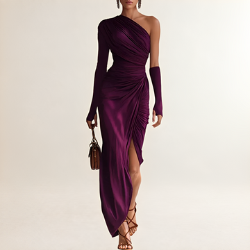 Women's One-Shoulder Maxi Dress with Long Sleeve, Draped Ruched Waist and Side Slit