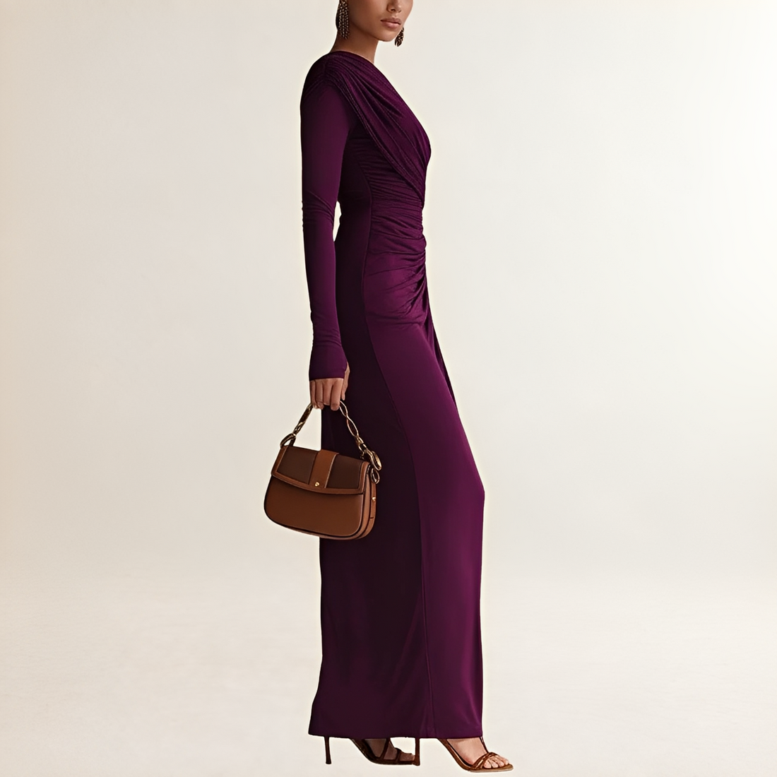 Women's One-Shoulder Maxi Dress with Long Sleeve, Draped Ruched Waist and Side Slit